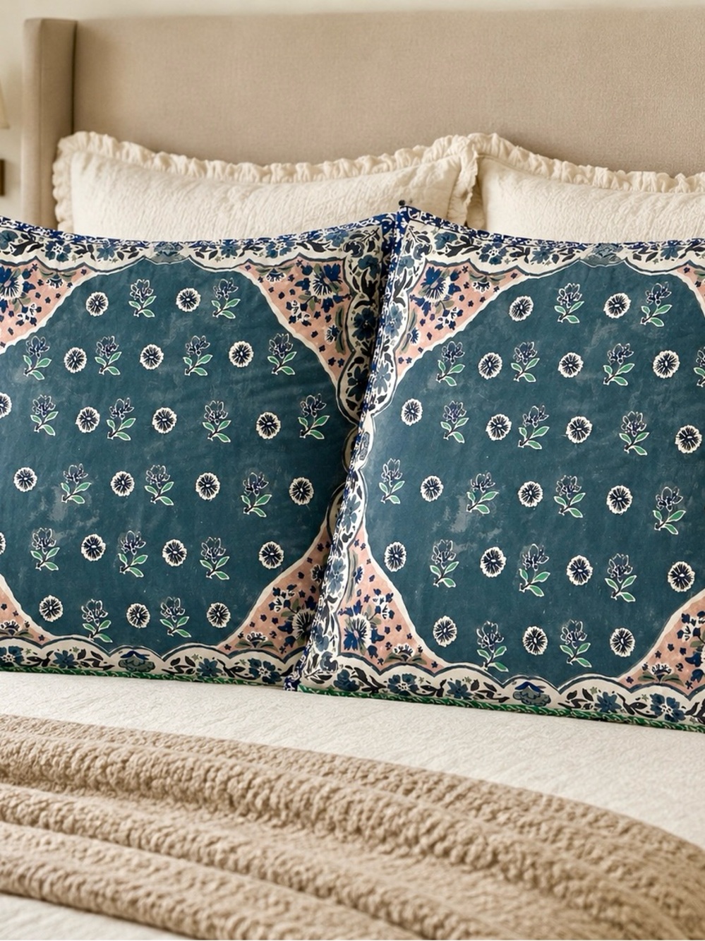 Anthropologie Floral Block-Print Pillow Shams in Teal, Pink, Green